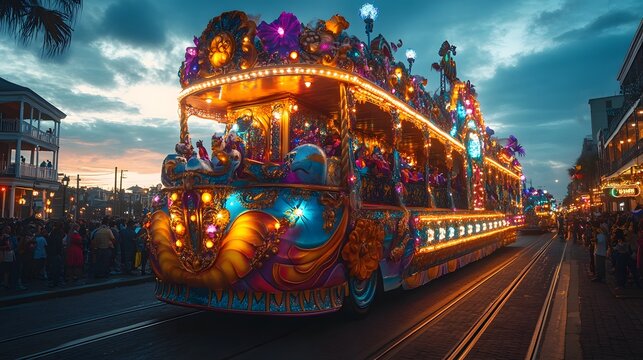 Colorful parade float with lights cruising down the street during a festival at twilight in a vibrant town