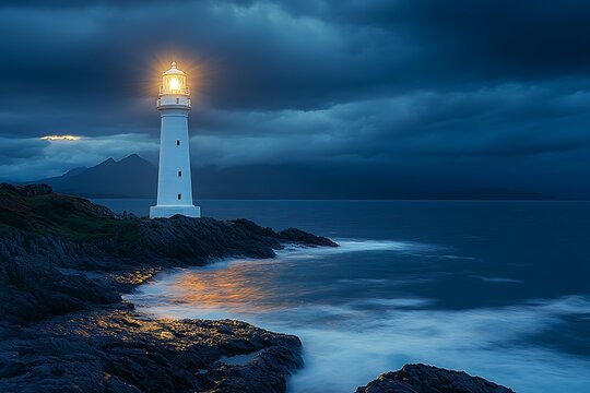 A lonely lighthouse on a rocky coast at dusk guides ships on the vast ocean