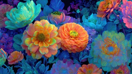 Colorful Abstract Floral Pattern with Vibrant Flowers and Leaves