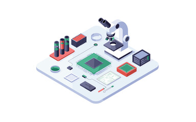 Isometric Science and Technology Concept: Microscope, Circuits, and Research Components for Innovation, Biotechnology, and Modern Scientific Development, Illustrating Lab Work and Discovery.