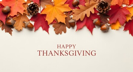Happy thanksgiving greeting card with autumn leaves and pine cones isolated