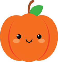 Cute smiling orange pumpkin happy Halloween autumn harvest vegetable on a white background