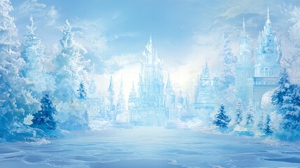 Creative festival artwork illustration design Majestic Frozen Ice Castle in Winter Wonderland Landscape, detailed professional colorful artwork created for marketing, advertising, event posters and