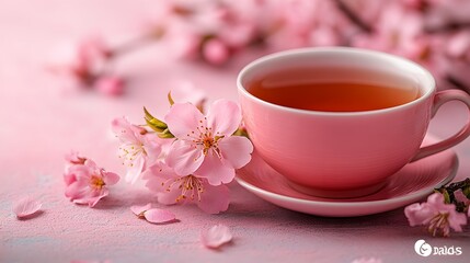 Fototapeta premium Delicate pink tea cup surrounded by cherry blossoms on a soft pink background celebrating spring's beauty