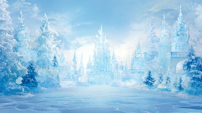 Creative festival artwork illustration design Majestic Frozen Ice Castle in Winter Wonderland Landscape, detailed professional colorful artwork created for marketing, advertising, event posters and