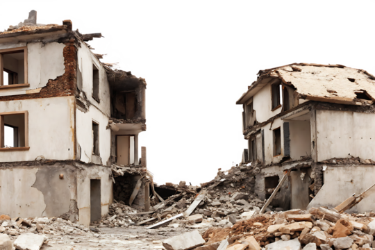 Ruined buildings rubble debris on white background png isolated on a transparent background