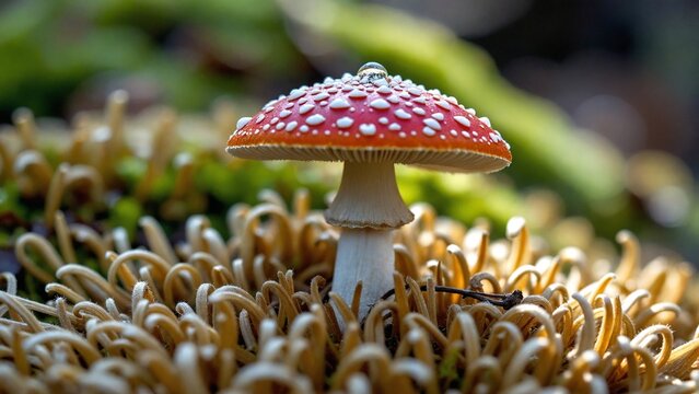 A single, iconic Fly Agaric (Amanita muscaria) mushroom with a scarlet red cap and white spots, isolated in a fantasy forest setting.