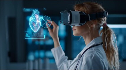 a female doctor in a white coat wearing a vr headset uses a holographic interface to display virtual medical information and a heart-shaped image on a digital screen. - Powered by Adobe
