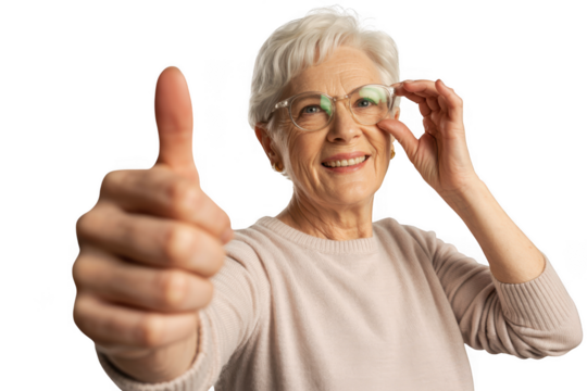Smiling elderly woman with glasses gives thumbs up gesture showing approval and positivity transparent background
