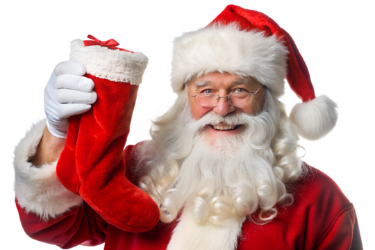 Smiling Santa Claus Holding a Christmas Stocking High on Transparent Background
