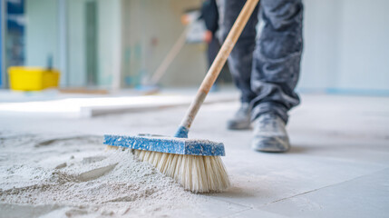 Worker Sweeping Floor at Construction Site, Interior, Photo, Industrial Environment, Close-Up View