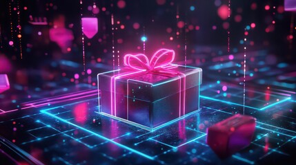 Glowing gift box with a pink bow on a blue neon grid background perfect for a tech themed celebration