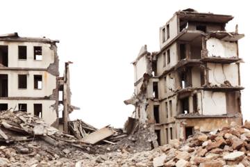 Ruined concrete buildings with debris pile isolated on a transparent background destroyed buildings