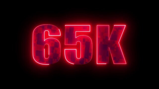 65k glowing neon number, futuristic red typography milestone design for subscribers celebration, online community growth and social media success