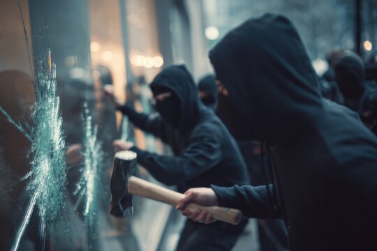 Rioters and looters breaking smashing store windows