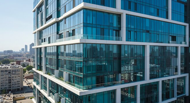 Modern glass skyscraper with reflective windows and urban backdrop