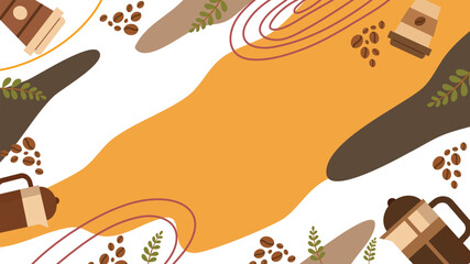 Coffee background with beans pots cups and abstract shapes