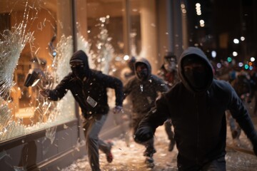 Rioters and looters breaking smashing store windows