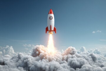 Rocket Launching into the Clear Blue Sky Above White Clouds