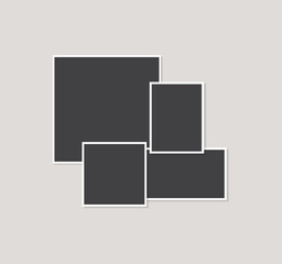 Modern photo collage template with four empty frames taped on grey background