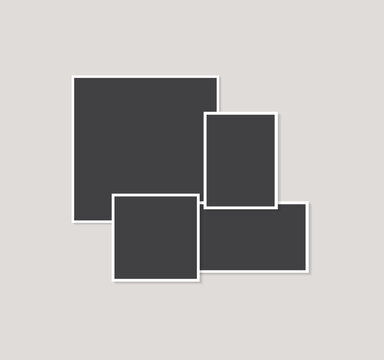 Modern photo collage template with four empty frames taped on grey background