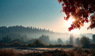 Autumnal sunrise over a misty valley with red leaves