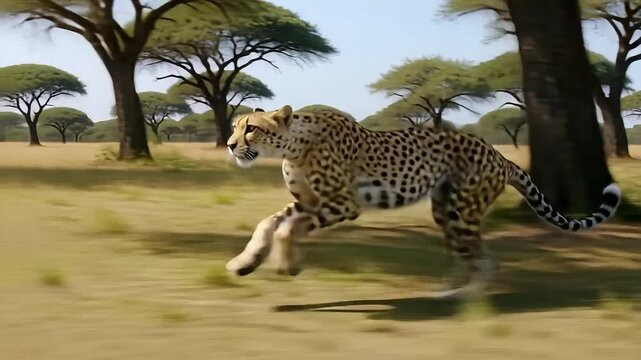 Majestic cheetah sprints across sun-drenched savanna with trees in background