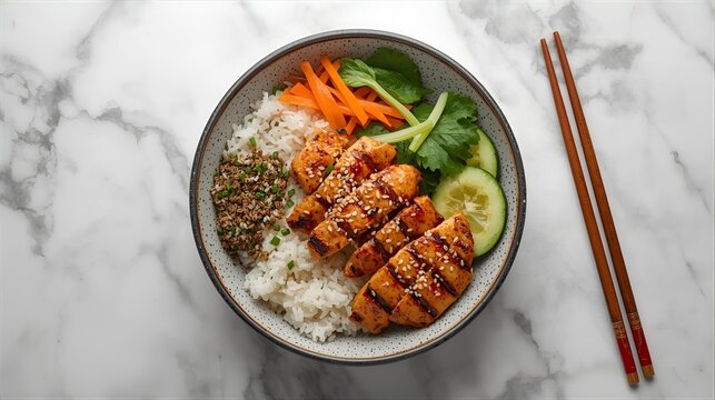 Delicious and healthy grilled chicken rice bowl with fresh vegetables, sesame seeds, and lentils, served on a marble tabletop - Powered by Adobe