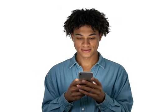 Young black man gazing at smartphone screen illuminating his face in medium shot transparent background