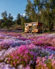Wooden Tiny House in a Field of Pink and White Flowers