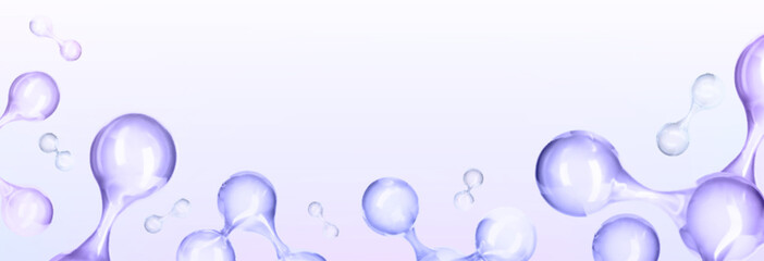 Elegant chemical atom 3d background with purple molecular chains and floating spheres for scientific presentations. Translucent liquid glossy bonds for skincare ads or biotechnology graphics.