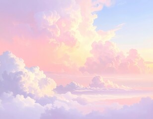 Fototapeta premium A serene, pastel-hued sky filled with fluffy clouds, bathed in soft, warm light.