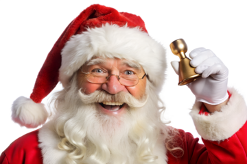 Happy Santa Claus Ringing a Golden Bell on Transparent Background