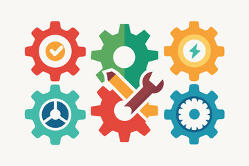 This image showcases a collection of colorful gears interlocked, each featuring different icons like check marks, lightning bolts, and tools.
