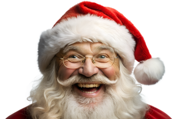 Authentic Smiling Santa Claus Portrait with White Beard and Red Hat on transparent background
