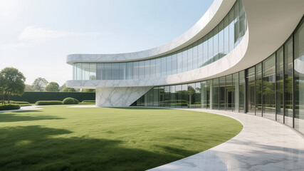 The exterior space of a modern building with a curved shape and a huge glass curtain wall located in the garden