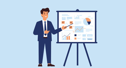 Businessman Presenting Financial Data on Whiteboard with Pointer.