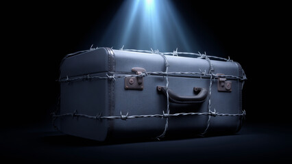 Travel rebound suitcase bound by barbed wire under spotlight conveying migration struggle isolation and resilience