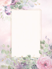 Delicate floral vintage painted frame with copy space, with flowers - peonies, poppies and eucalyptus branches