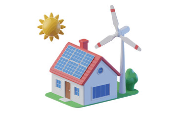 Eco friendly house with solar panels and wind turbine under bright sun