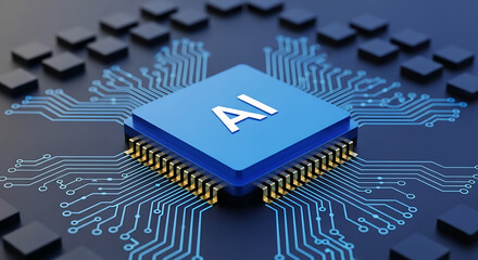 A close up of a blue artificial intelligence chip with circuit patterns and black square blocks ai generated