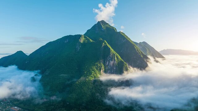 Hyperlapse of Pha Dang viewpoint with morning mist in Muang Ngoy, Laos.