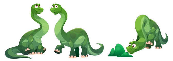 Cartoon green dinosaur character with friendly expressions for children educational materials and game design. Long necked brachiosaurus sitting and walking. Smiling curious brontosaurus smell bush.