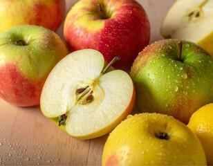 Fresh Red Green Apples on Table - Close-up apples with drops and sliced fruit, natural healthy snack.