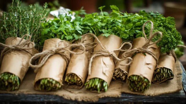 Several bunches of fresh herbs, thyme and parsley, are neatly wrapped in brown kraft paper and tied with twine, arranged on a rustic wooden surface