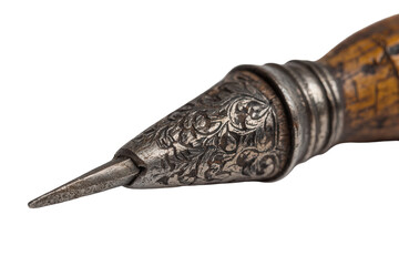 Close-Up View of an Ornate Handcrafted Chisel with Silver Metalwork and Wooden Handle