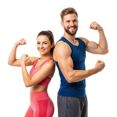 Smiling fitness couple flexing muscles promoting healthy lifestyle on transparent canvas