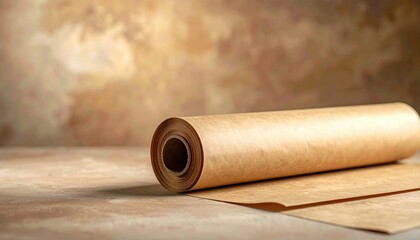 Plain kraft paper roll unspooling across table warm neutrals wide copy zone wallpaper background representing product mockup surface suitable for branding design