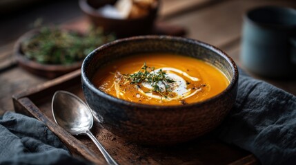 A bowl of creamy orange soup garnished with herbs and a swirl of cream. Served on a wooden tray with bread and a cup in the background.