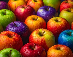 Rainbow Apples with Water Drops - Colorful rainbow apples with fresh drops, surreal fruit concept.